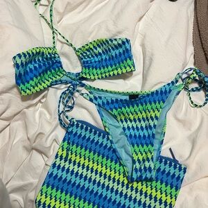 Blue and Green Houndstooth Bikini Set
